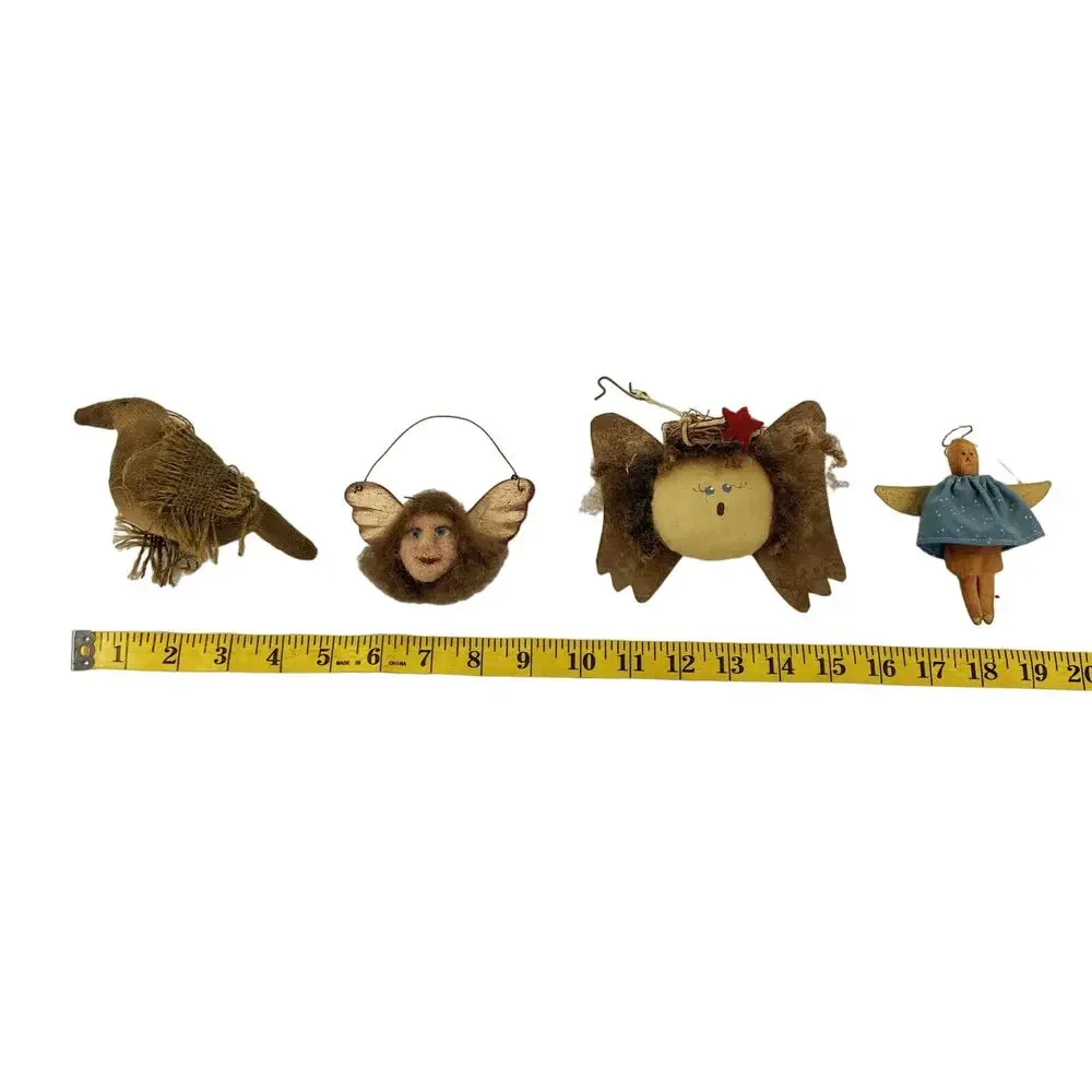 Lot of 4 Primitive Style Tree Ornaments Angels Bird